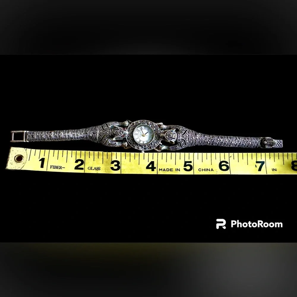 Sterling silver marcasite topaz eyes bendable leopard panther unique tiger watch - Picture 7 of 8